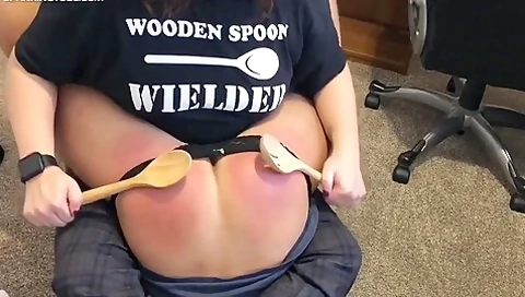 Exposed In Wheelbarrow Position For Long Wooden Spoon Spanking By Mistress